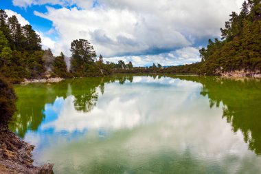 Wai-O-Tapu Gayzer Parkı. Volkanik Vadi Waimangu. Krater Gölü büyük bir sıcak kaynak ve parlak yeşil sudur. Yeni Zelanda, Kuzey Adası. Egzotik, ekolojik ve fotoğraf turizmi kavramı
