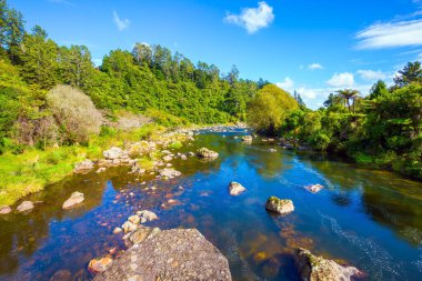  Nehir terk edilmiş altın madenleri arasında akar. Karangahake Boğazı. Yeni Zelanda 'ya, Kuzey Adası' na git. Mavi gökyüzü suya yansıyor. Aktif, egzotik ve fotoğraf turizmi kavramı