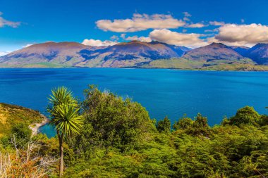 Turkuaz, Yeni Zelanda 'daki Wanaka Gölü. Dünyanın sonuna doğru büyülü bir yolculuk. Güney Adası. Etkin, ekolojik ve fotoğraf turizmi kavramı