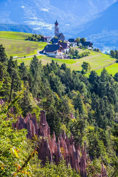 Renon Earth Pillars Sunrise Small Mountain Village Italian Tirol Concept — Stock Photo, Image