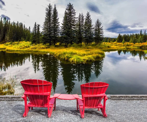 캐나다 산맥의 비그혼고 속도로 노란색 잔디로 둘러싸인 호수에서 관광객들을 라운지 — 스톡 사진