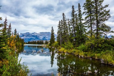 Bulutlu gökyüzü pürüzsüz su yüzeyine güzel bir şekilde yansıyor. Pocahontas yolu boyunca uzanan vadi. Kanada 'nın gölleri, köknar ve dağları. Etkin ve fotoğraf turizmi kavramı 