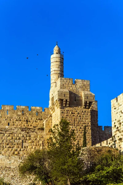 Forntida Citadell Davids Torn Varm Sommarsolnedgång Monumentala Murar Jerusalem Höjden — Stockfoto