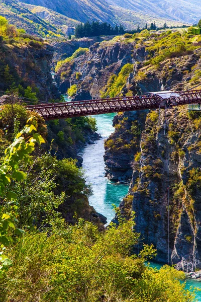 Deportes Extremos Bungee Saltar Abismo Revés Nueva Zelanda Río Puente —  Fotos de Stock