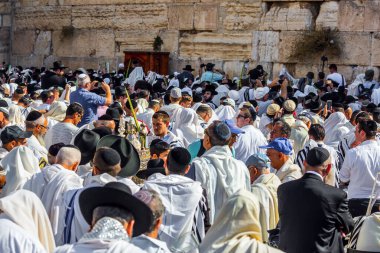 JERUSALEM, ISRAEL - 26 Eylül 2018: Büyük Yahudi bayramı - Sukkot bir tarım hasat festivali. Tallitlere sarılmış Yahudiler Ağlama Duvarı 'nda dua ediyorlar.. 