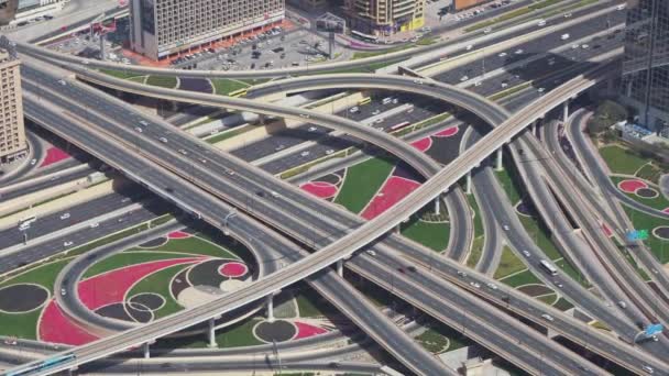 Modern urban multi-level road junctions in Downtown Dubai view from the top stock footage video — Stock Video
