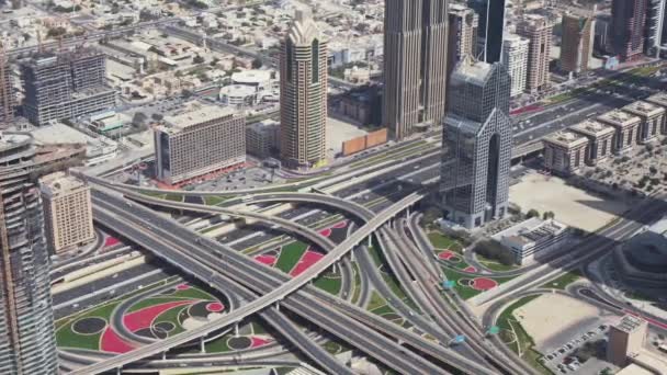 Modern urban multi-level road junctions in Downtown Dubai view from the top stock footage video — Stock Video