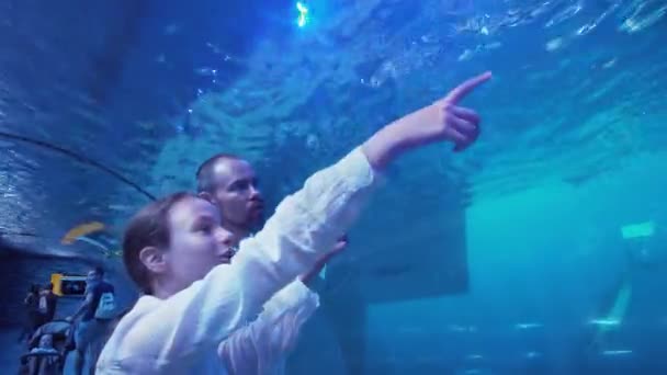 Dospívající dívka s tátou obdivovat podmořský život v tunelu skleněné akvárium v Dubai Mall stopáže videa — Stock video