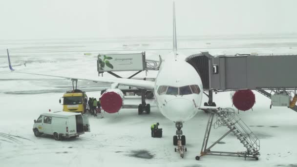 Hizmet için karlı bir aerodrome, uçuş uçak hazırlık Astana Uluslararası Havaalanı Stok görüntüleri video — Stok video