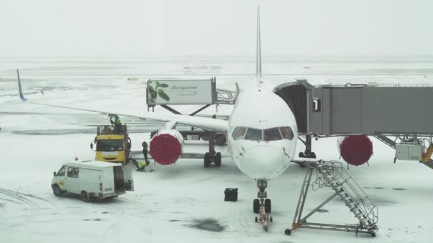 Service of the aircraft preparation for flight at a snowy aerodrome of Astana International Airport stock footage video — Stock Video