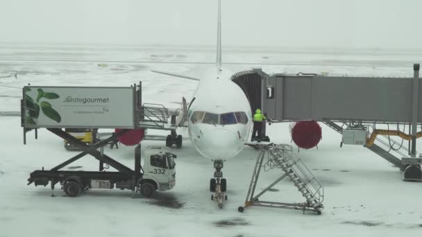 Hizmet için karlı bir aerodrome, uçuş uçak hazırlık Astana Uluslararası Havaalanı Stok görüntüleri video — Stok video