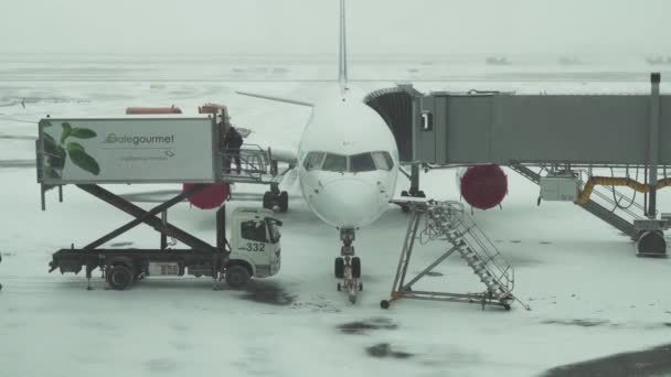 Service av flygplan förberedelserna för flygning på en snöig aerodrome av Astana internationella flygplats arkivfilmer video — Stockvideo