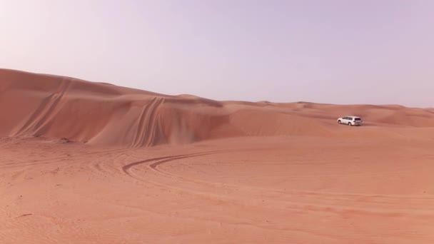Mobil off-road dengan wisatawan turun dari bukit pasir tinggi di Rub al Khali gurun rekaman video — Stok Video