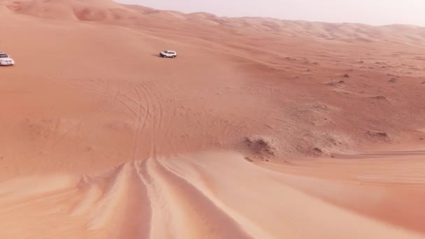 Des voitures tout-terrain avec des touristes descendent d'une haute dune dans le désert de Rub al Khali — Video