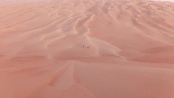 Samochody terenowe z turystów zejść z wysokiej wydmy w al-Chali pustynia Stockowy wideo — Wideo stockowe