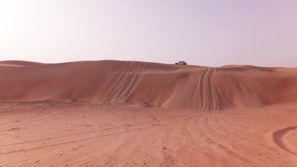 Carros off-road com turistas descem de uma duna alta no deserto de Rub al Khali imagens de vídeo — Vídeo de Stock