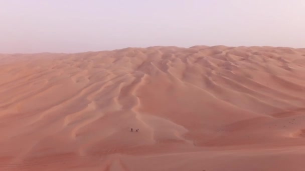 Off-Road bilar med turister stiga ned från en hög dune i Rub al Khali öknen arkivfilmer video — Stockvideo