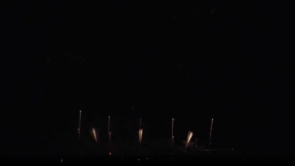 Fuegos artificiales de colores en el cielo negro material de archivo de vídeo — Vídeos de Stock