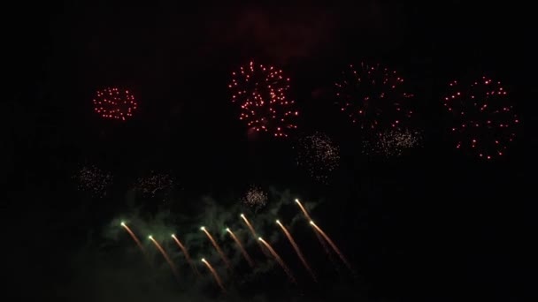 Hermosa exhibición de fuegos artificiales de colores para la celebración en el fondo negro, Año nuevo concepto de vacaciones material de archivo de vídeo — Vídeos de Stock