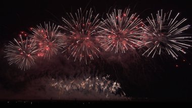 Kara gökyüzü arka planında renkli havai fişekler