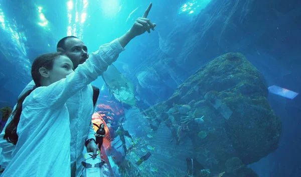 Adolescente com o pai divertidamente assistindo o peixe no aquário — Fotografia de Stock