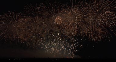 Kara gökyüzü arka planında renkli havai fişekler