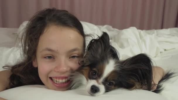 Lycklig tonåring flicka kyssar och leker med hunden Papillon i säng arkivfilmer video — Stockvideo