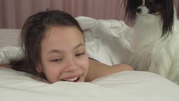 Felice teen girl baci e gioca con il cane Papillon a letto magazzino filmato video — Video Stock