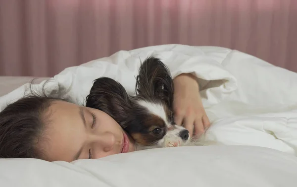 Szép tini lány édesen alszik az ágyban Ízlelő szemölcsös kutya — Stock Fotó