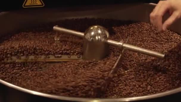 Dark and aromatic coffee beans in modern roasting machine stock footage video — Stock Video