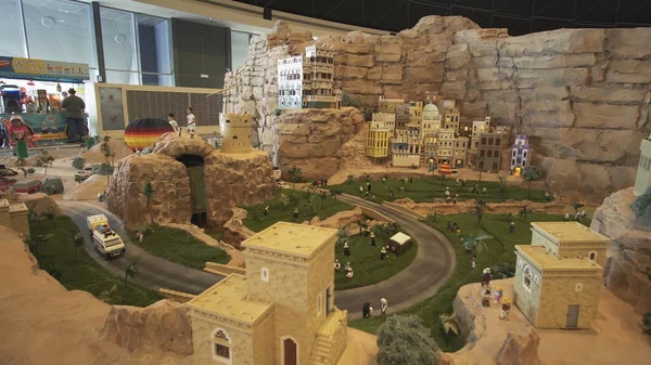 Exhibition of mock-ups Petra made of Lego pieces in Miniland Legoland at Dubai Parks and Resorts — Stock Photo, Image