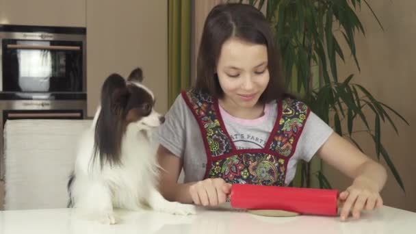 Девочка-подросток и собака Папийон готовят печенье, катятся тесто с роликами подвижного состава видео — стоковое видео