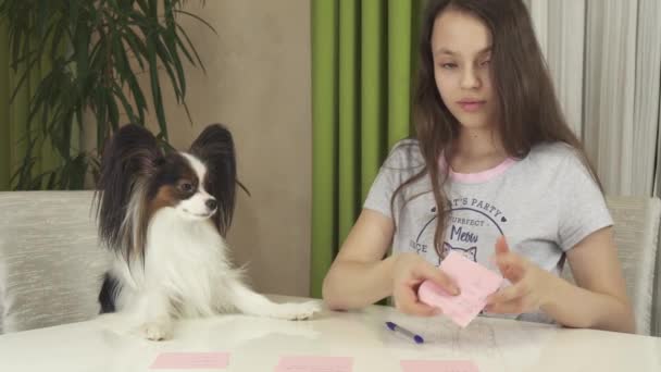Девочка-подросток с собакой Papillon гадать о желаниях, пишет желание кусочки бумаги видео акции — стоковое видео