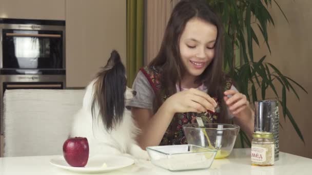 Gadis remaja dengan anjing Papillon menyiapkan kue, berlutut video rekaman saham adonan — Stok Video
