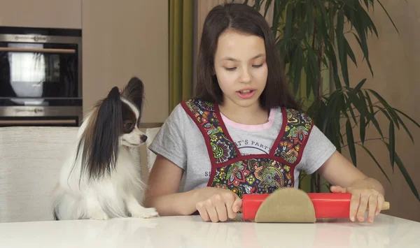 Teen girl and dog Papillon prepare cookies, rolling dough with rolling pin — Stock Photo, Image