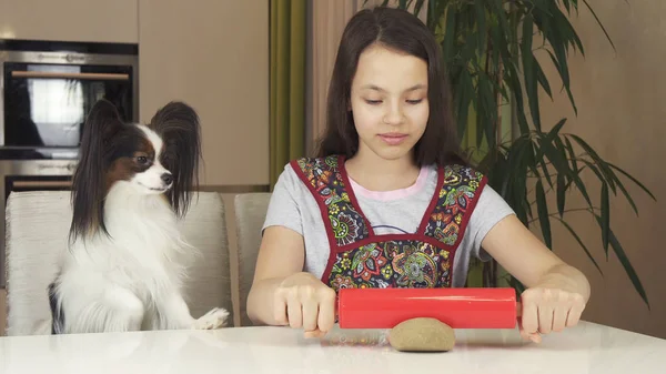 Teen girl and dog Papillon prepare cookies, rolling dough with rolling pin — Stock Photo, Image