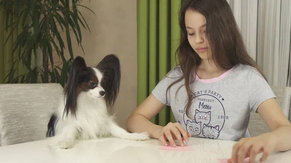 Adolescente menina com cão Papillon adivinhar desejos, escreve desejo a pedaços de papel — Fotografia de Stock