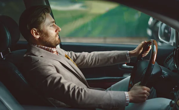 Businessman enjoying new car