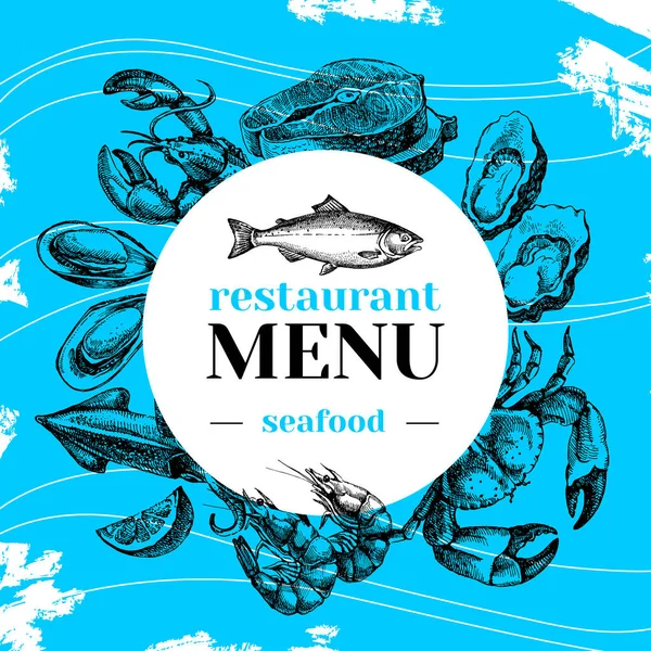 Restaurant Fresh Sea Food Menu Fish Market Poster Hand Drawn — Stock Vector