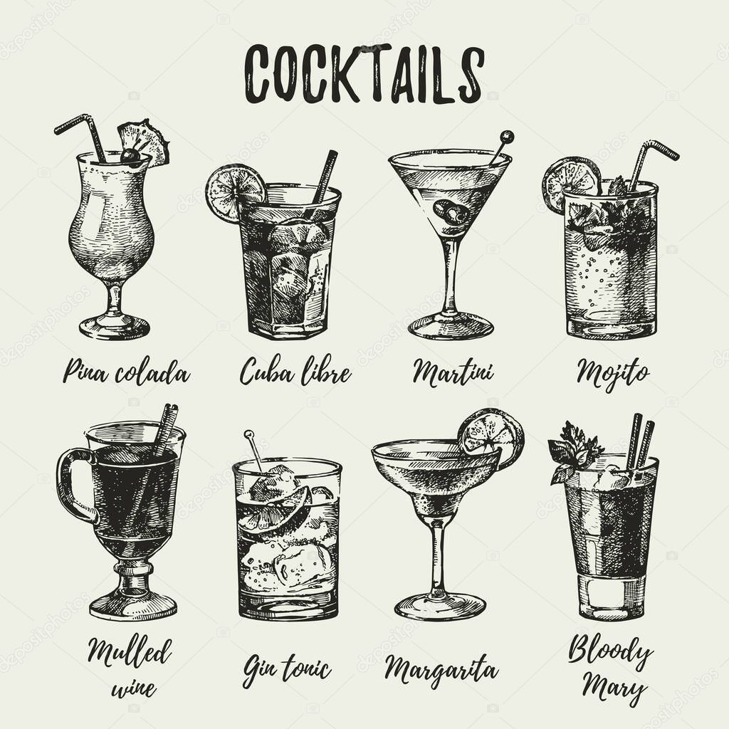 Hand drawn sketch set of alcoholic cocktails. Vintage vector illustratio