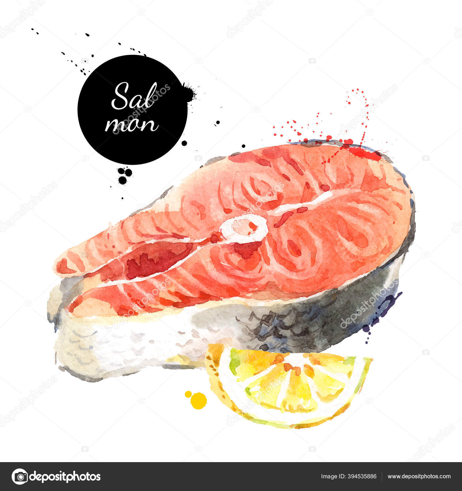 鮭とレモンの水彩画の手描き作品 白を基調とした隔離された新鮮な魚介類のベクトルイラスト ストックベクター C Pimonova
