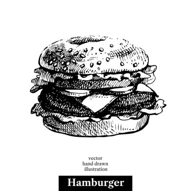Hamburger. Klasik fast food el çizimi çizimi. İzole edilmiş arka plan. Menü tasarımı