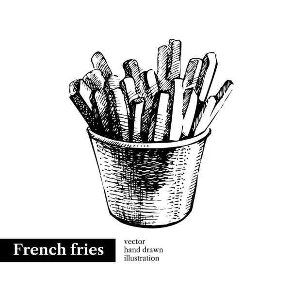 Pommes Frites Vintage Snabbmat Handritad Skiss Illustration Isolerad Bakgrund Menyutformning — Stock vektor