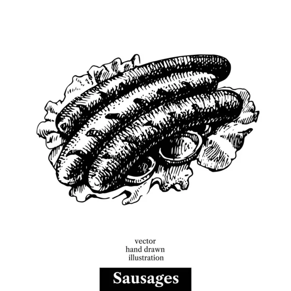 Ковбаски Гриль Урожай Швидкого Харчування Рука Намальована Ескіз Ілюстрації Ізольований — стоковий вектор