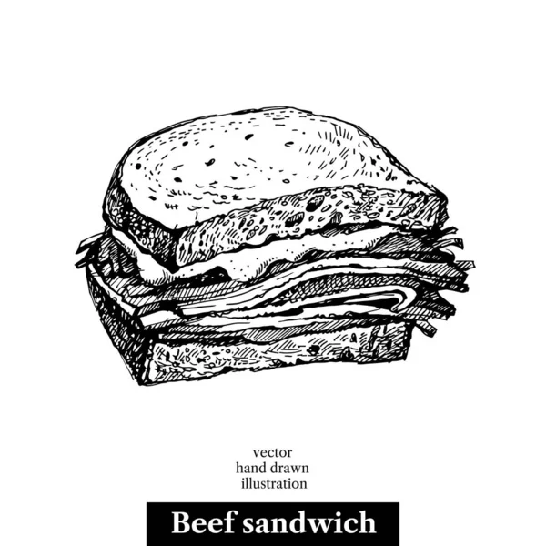 Elle Çizilmiş Biftekli Sandviç Vektör Izole Gıda Illüstrasyonu — Stok Vektör