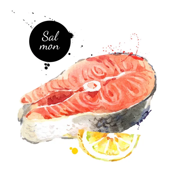 Watercolor Hand Drawn Piece Salmon Fish Lemon Isolated Fresh Seafood — Stock Vector