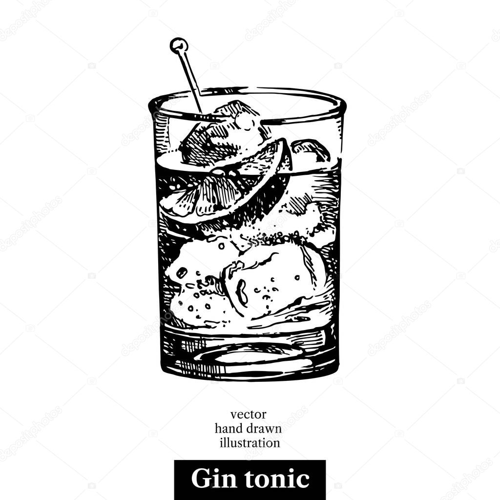Hand drawn sketch cocktail gin tonic vintage isolated object. Vector illustration
