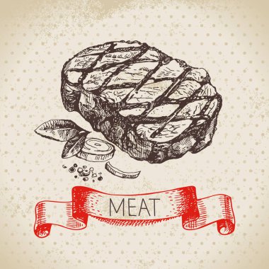 Elle çizilmiş et ürünü. Vector vintage biftek illüstrasyonu. Menü tasarımı
