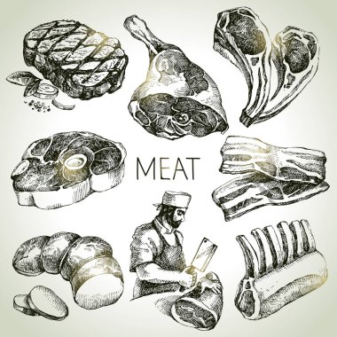 El çizimi et ürünleri seti. Siyah beyaz vektör, klasik illüstrasyon. Beyaz arka planda tek bir nesne var. Menü tasarımı