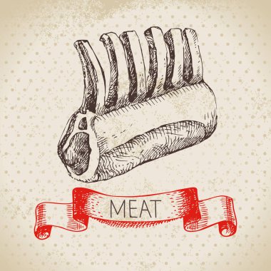 Elle çizilmiş et ürünü. Vintage kuzu pirzolası çizimi. Menü tasarımı